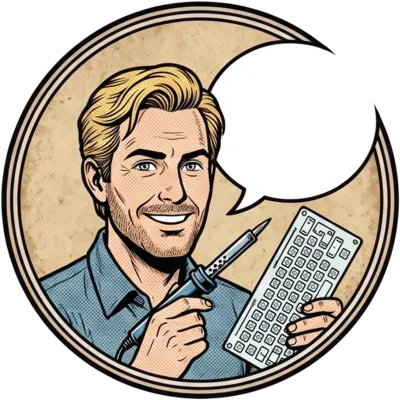 A cartoon of fowlie holding a soldering iron and a keyboard PCB